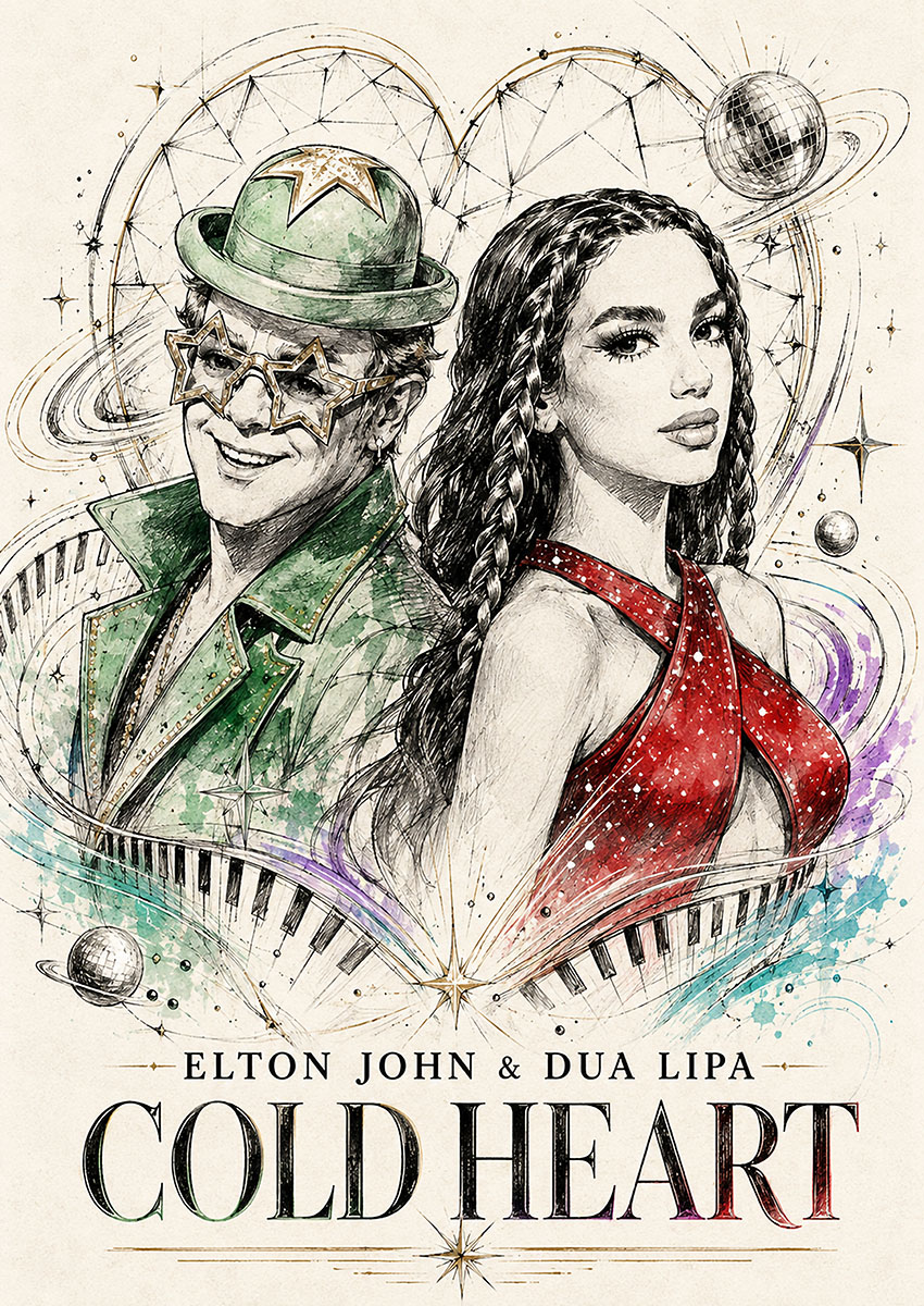 Detailed illustrative artwork of Elton John and Dua Lipa for the Cold Heart song, featuring celestial and musical motifs.